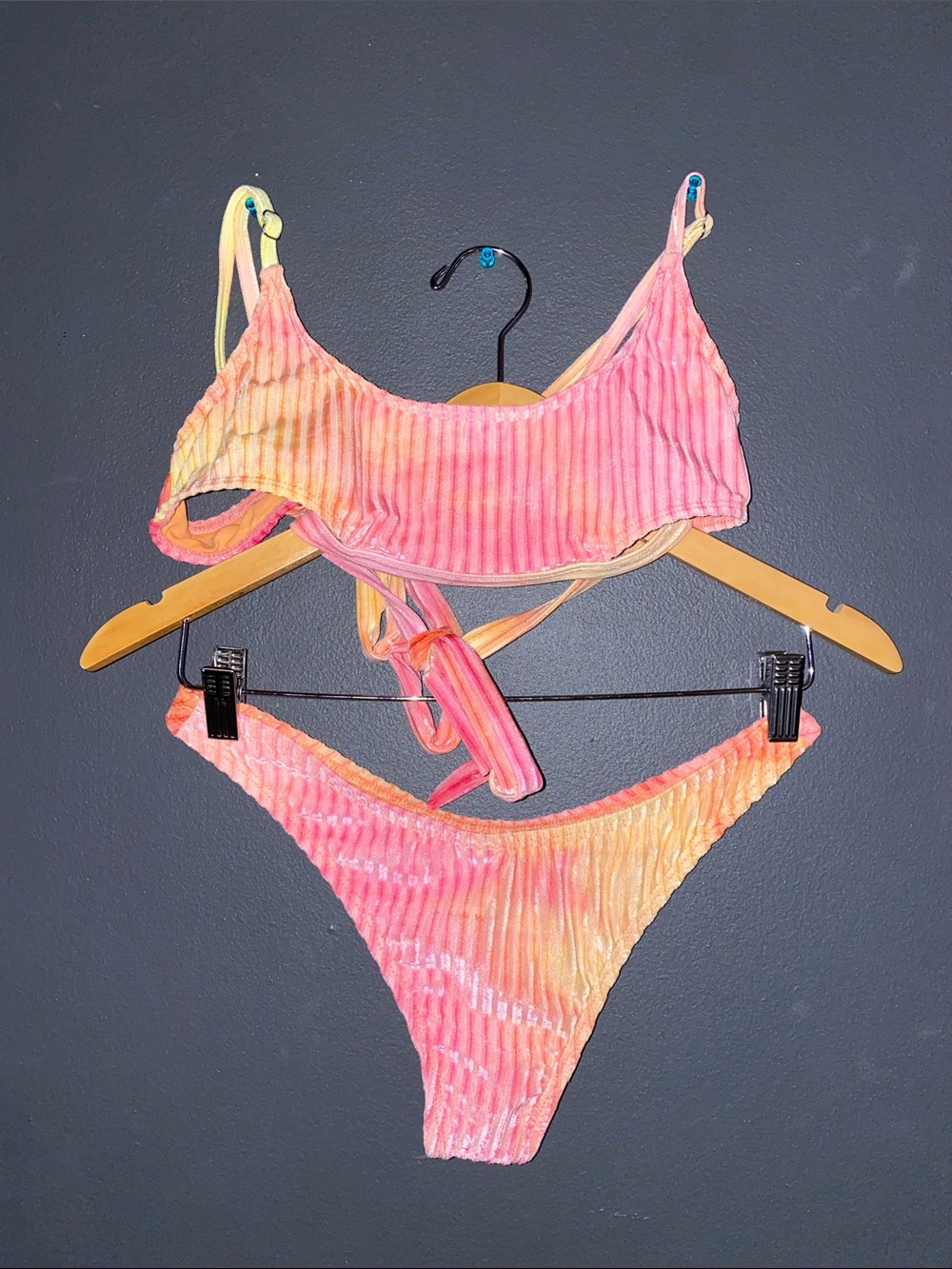 Dippin' Daisy's Tie-Dye Ribbed Bikini Set in Pink and Yellow